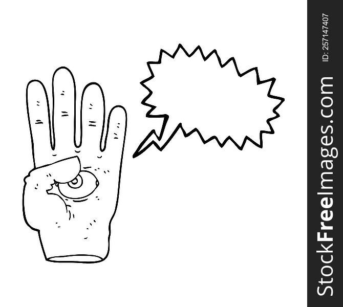 freehand drawn speech bubble cartoon spooky hand with eyeball