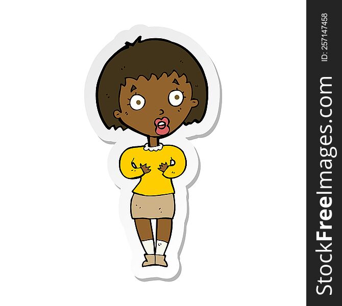 sticker of a cartoon woman making Who Me gesture