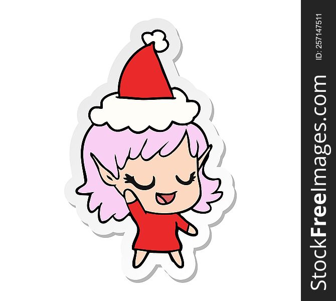 Happy Sticker Cartoon Of A Elf Girl Wearing Santa Hat