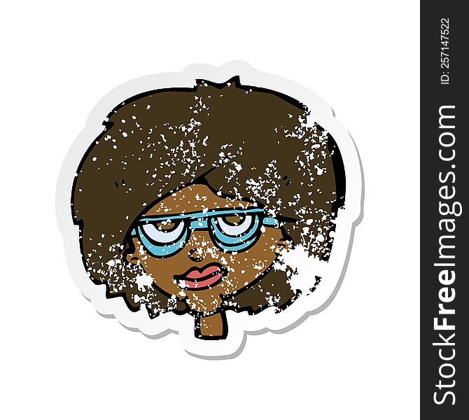 retro distressed sticker of a cartoon woman wearing spectacles