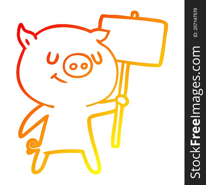 warm gradient line drawing of a happy cartoon pig with placard