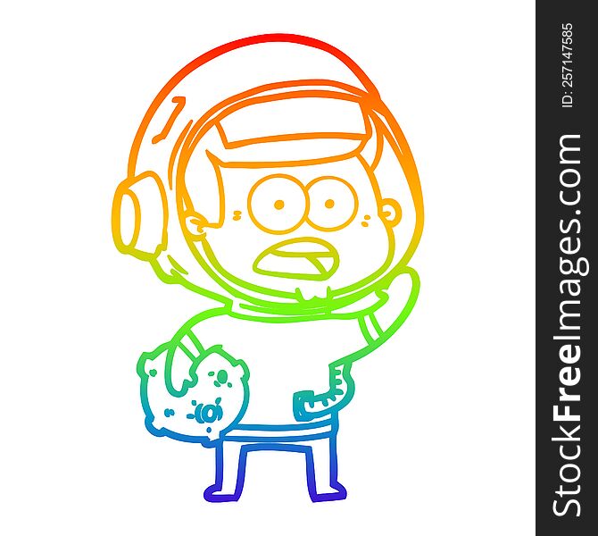 rainbow gradient line drawing of a cartoon surprised astronaut holding moon rock