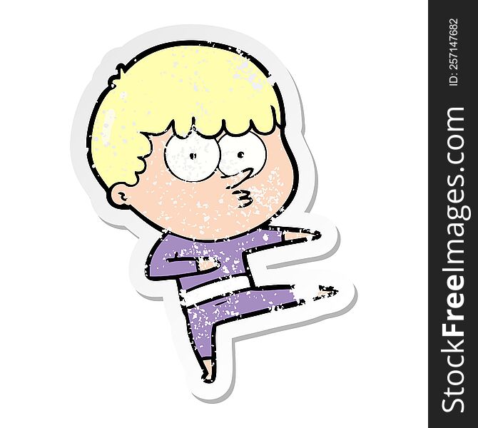 Distressed Sticker Of A Cartoon Curious Boy Dancing