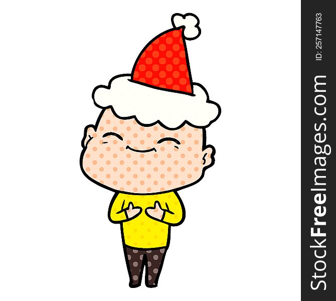 Happy Comic Book Style Illustration Of A Bald Man Wearing Santa Hat
