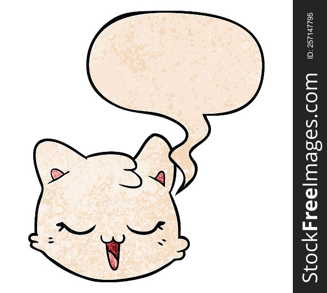 cartoon cat face with speech bubble in retro texture style