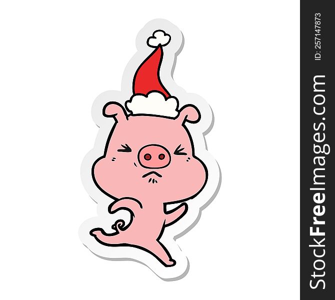 Sticker Cartoon Of A Annoyed Pig Running Wearing Santa Hat