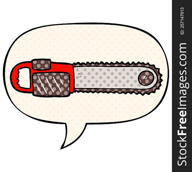 cartoon chainsaw with speech bubble in comic book style