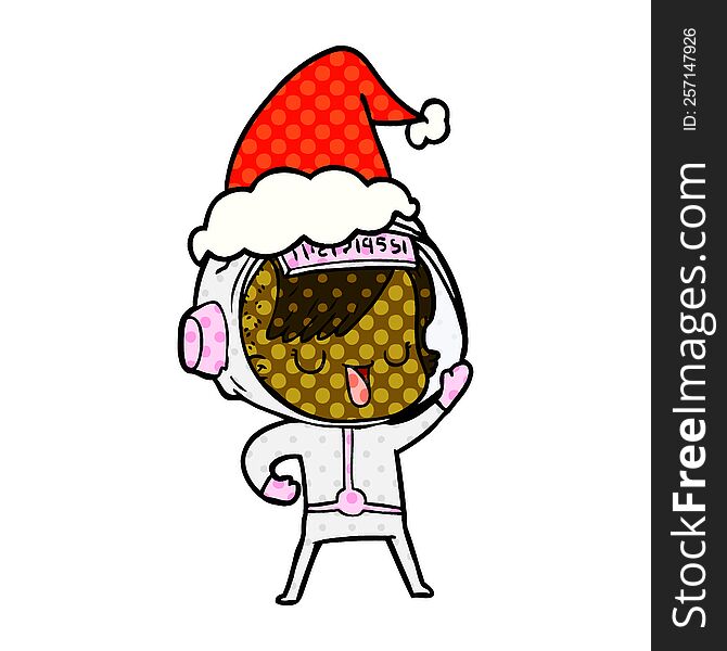 Comic Book Style Illustration Of A Astronaut Woman Wearing Santa Hat