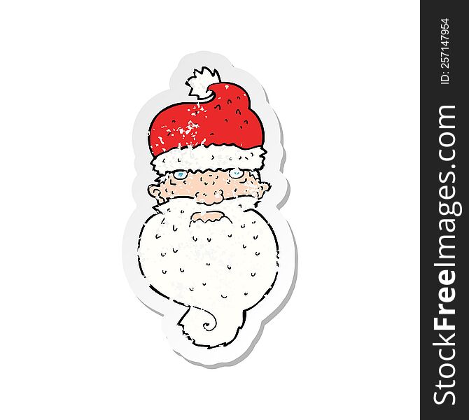 retro distressed sticker of a cartoon grim santa face