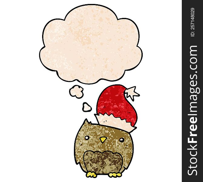 Cute Christmas Owl And Thought Bubble In Grunge Texture Pattern Style