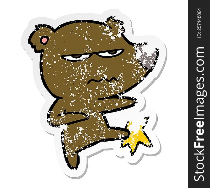 distressed sticker of a angry bear cartoon kicking