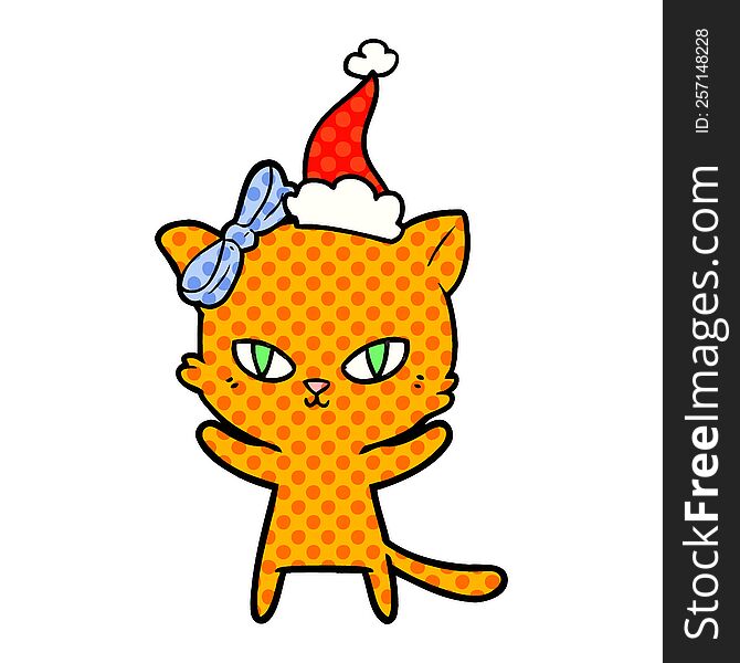 Cute Comic Book Style Illustration Of A Cat Wearing Santa Hat