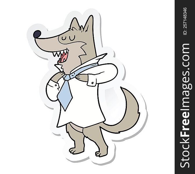 sticker of a cartoon office wolf getting dressed