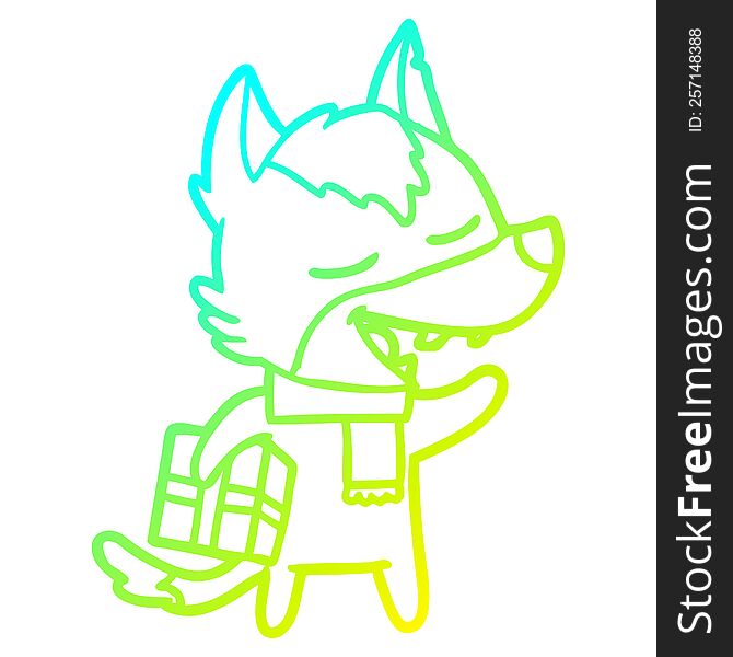 cold gradient line drawing of a cartoon wolf with christmas present laughing