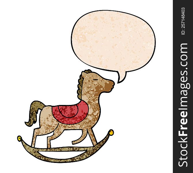 cartoon rocking horse and speech bubble in retro texture style