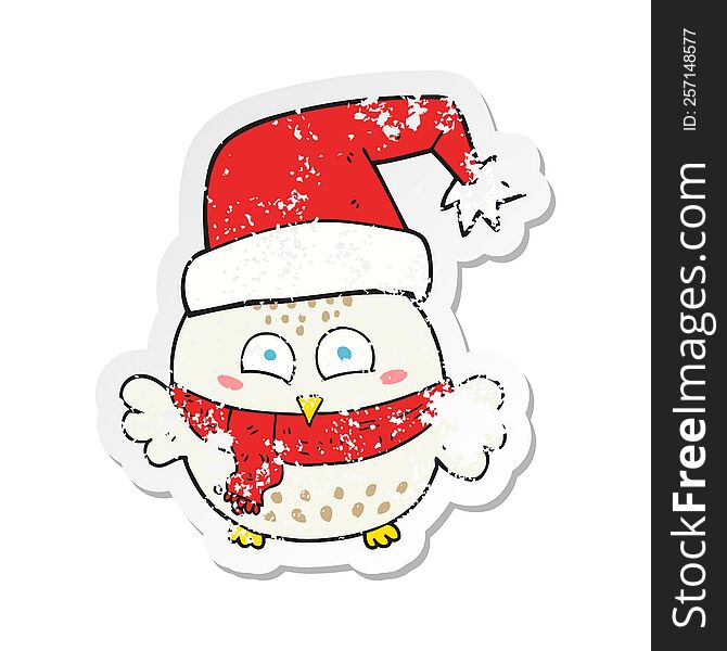 Retro Distressed Sticker Of A Cartoon Cute Christmas Owl