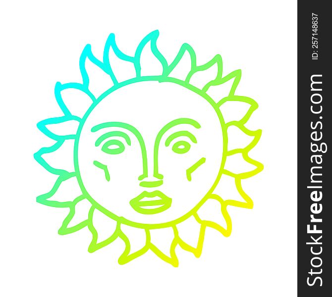 cold gradient line drawing of a cartoon traditional sun face