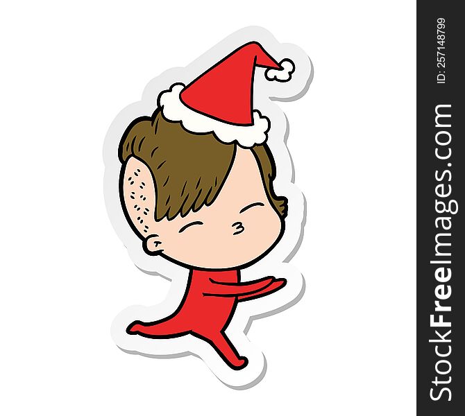 Sticker Cartoon Of A Girl In Onesie Wearing Santa Hat