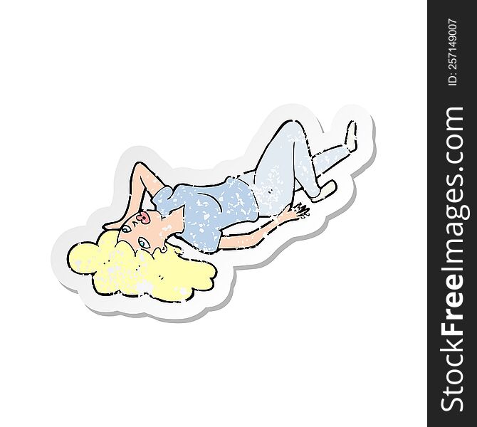 retro distressed sticker of a cartoon woman lying on floor