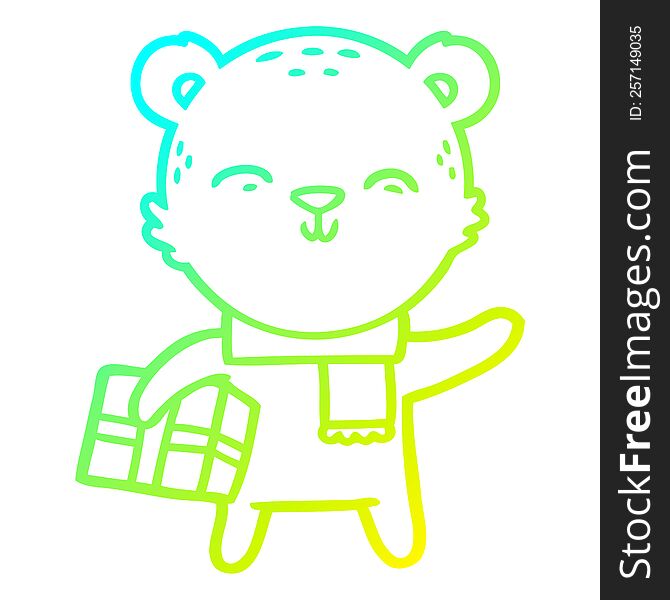 Cold Gradient Line Drawing Happy Cartoon Bear With Present