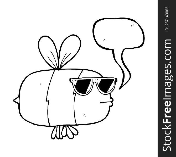 freehand drawn speech bubble cartoon bee wearing sunglasses