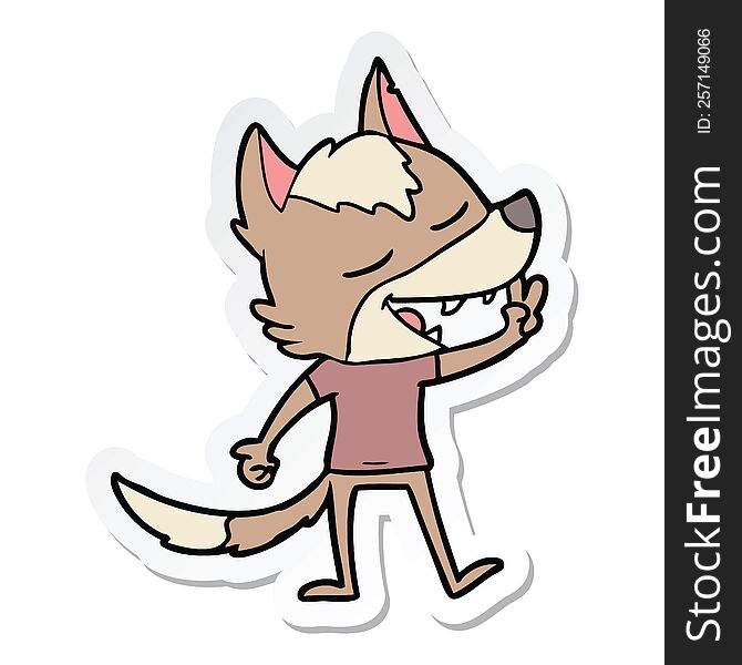 sticker of a cartoon wolf giving peace sign