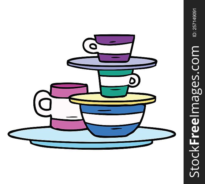 hand drawn cartoon doodle of colourful bowls and plates
