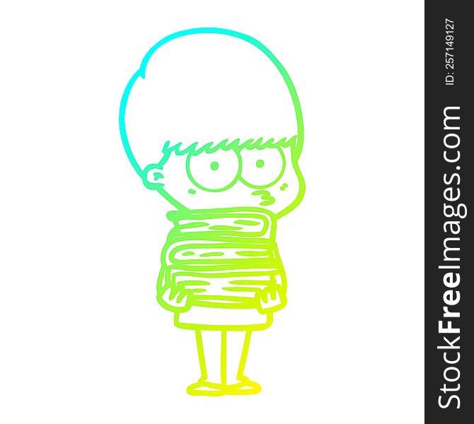 cold gradient line drawing of a nervous cartoon boy carrying books