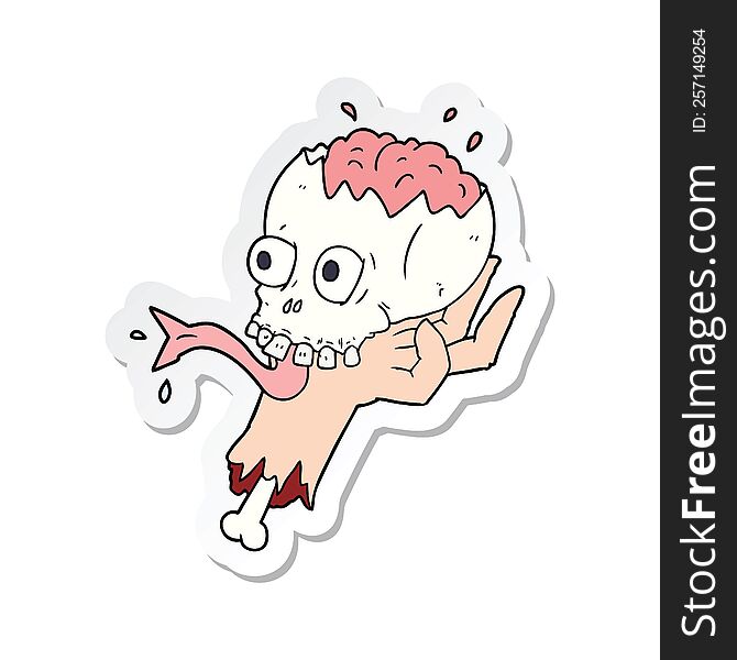 Sticker Of A Cartoon Halloween Skull In Zombie Hand