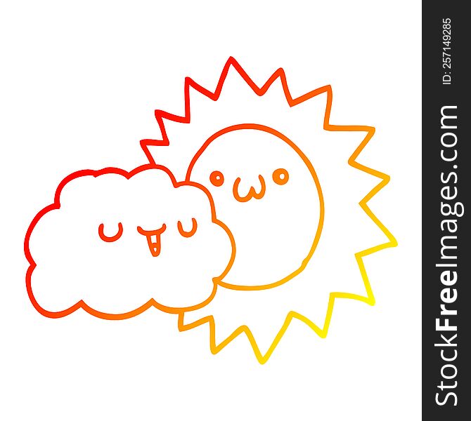 Warm Gradient Line Drawing Cartoon Sun And Cloud