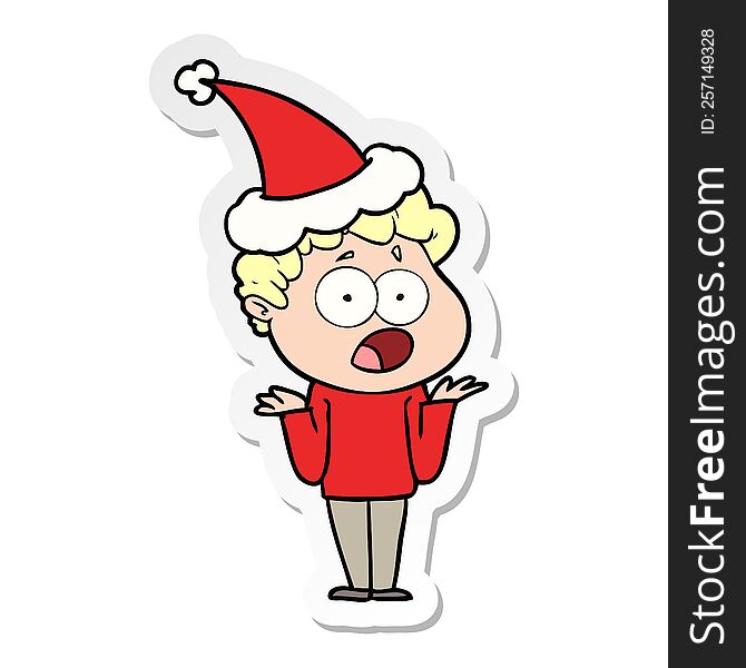 Sticker Cartoon Of A Man Gasping In Surprise Wearing Santa Hat