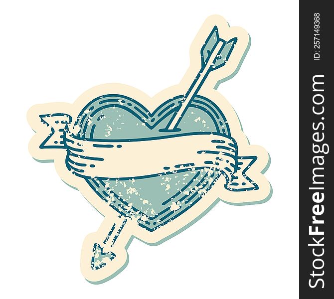 Distressed Sticker Tattoo Style Icon Of An Arrow Heart And Banner