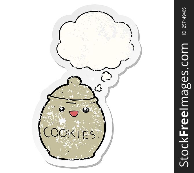 cute cartoon cookie jar with thought bubble as a distressed worn sticker