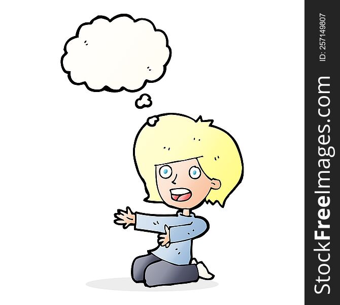 cartoon shocked woman on knees with thought bubble