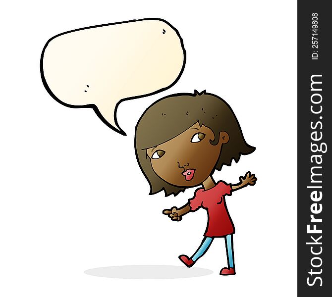 cartoon happy girl gesturing to follow with speech bubble