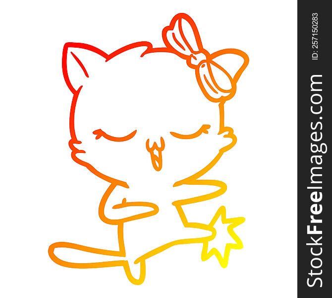 Warm Gradient Line Drawing Cartoon Cat With Bow On Head