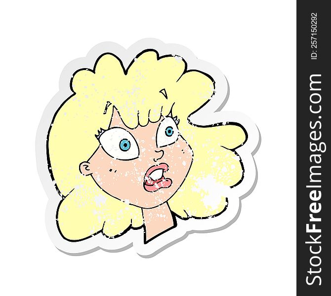 Retro Distressed Sticker Of A Cartoon Shocked Female Face