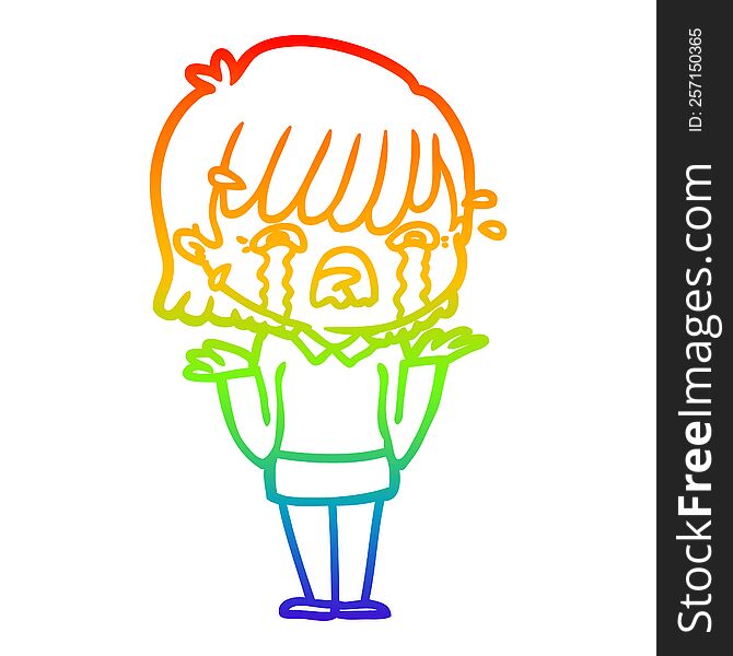 rainbow gradient line drawing of a cartoon girl crying