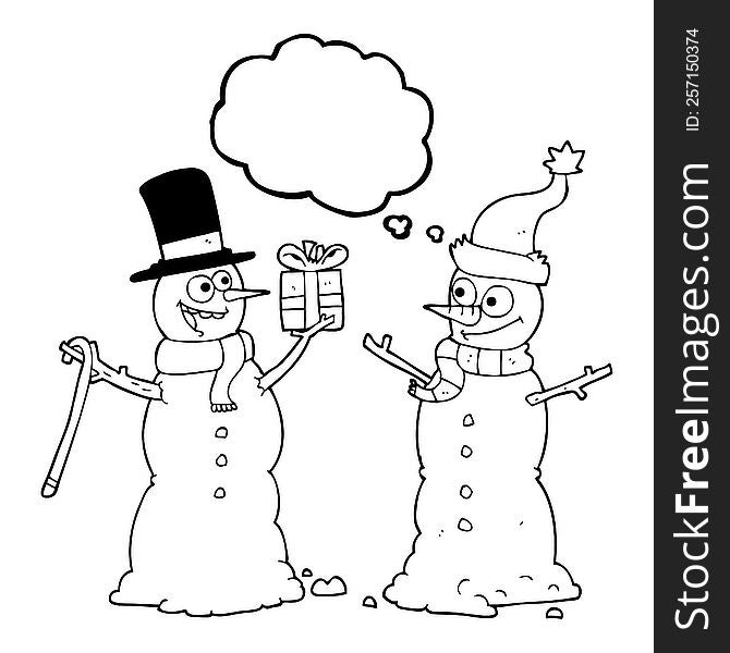 freehand drawn thought bubble cartoon snowmen exchanging gifts