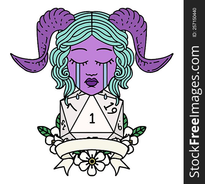 Crying Tiefling Face With Natural 1 D20 Dice Illustration