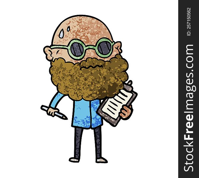 cartoon worried man with beard and sunglasses taking survey. cartoon worried man with beard and sunglasses taking survey