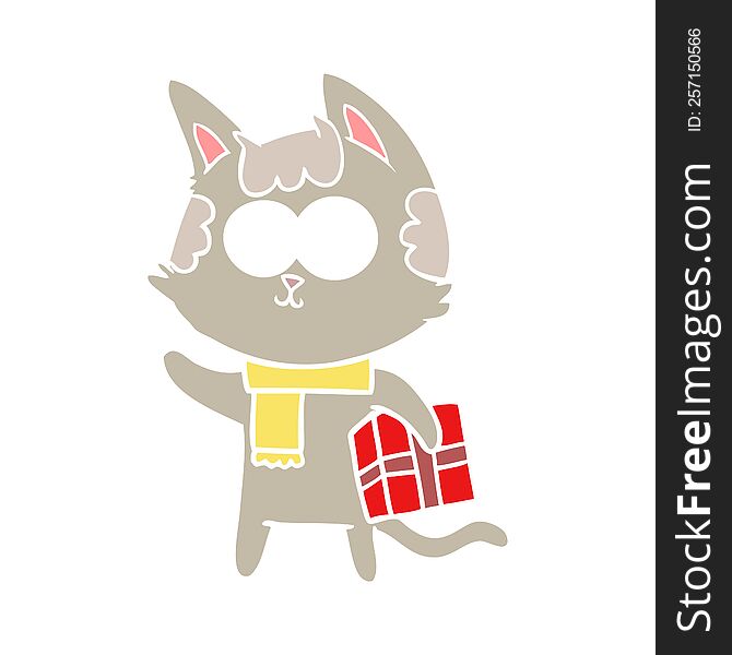 Happy Flat Color Style Cartoon Cat With Christmas Present