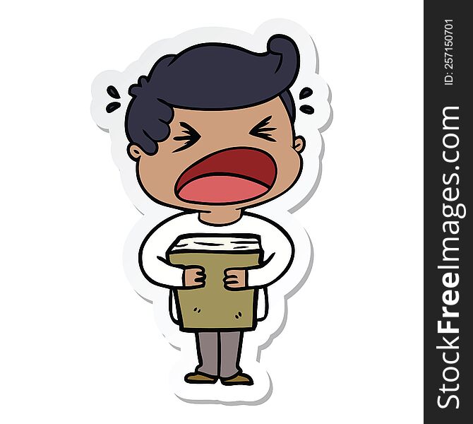 Sticker Of A Cartoon Shouting Man With Book