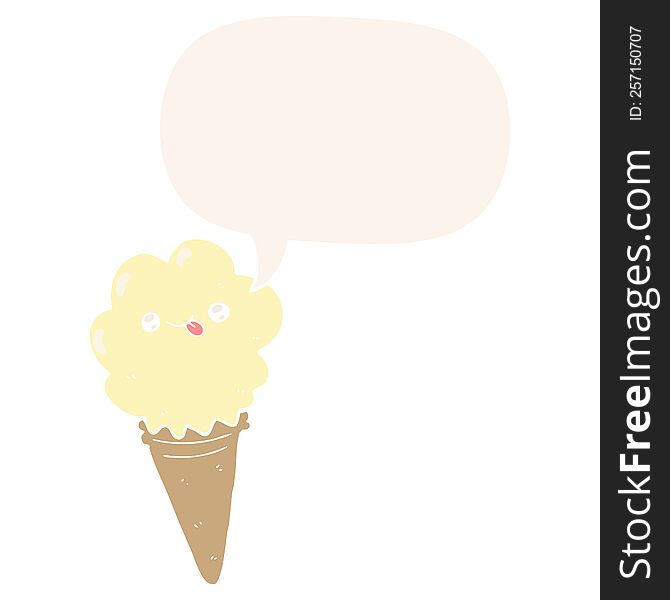 Cartoon Ice Cream And Speech Bubble In Retro Style