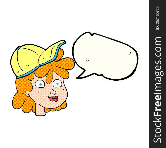 freehand drawn comic book speech bubble cartoon woman wearing cap. freehand drawn comic book speech bubble cartoon woman wearing cap