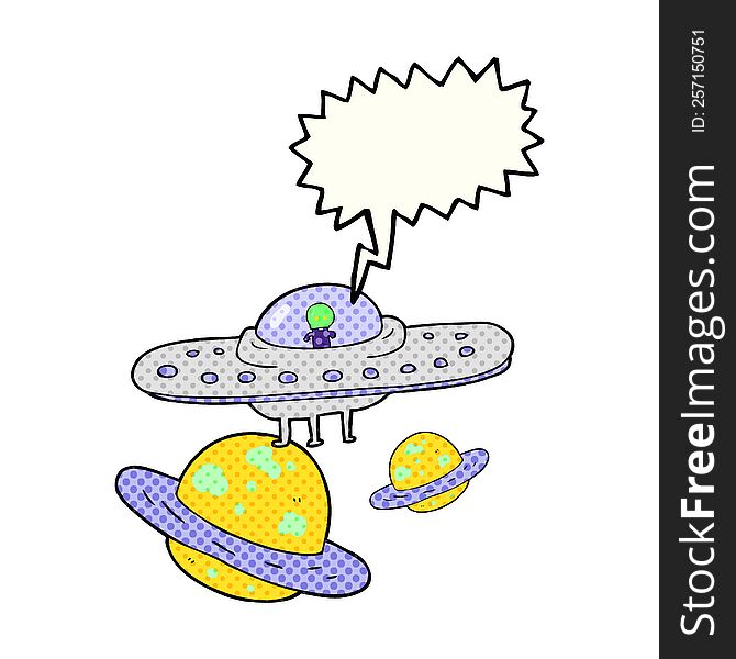 freehand drawn comic book speech bubble cartoon flying saucer in space