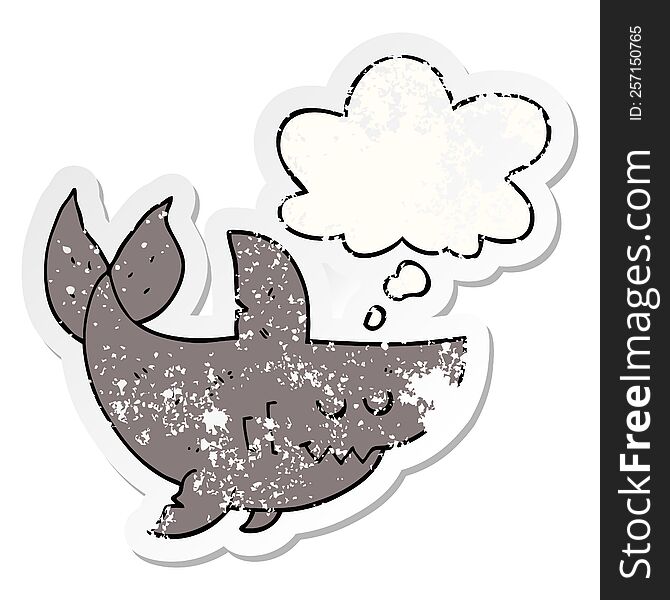 Cartoon Shark And Thought Bubble As A Distressed Worn Sticker