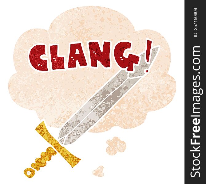 cartoon clanging sword with thought bubble in grunge distressed retro textured style. cartoon clanging sword with thought bubble in grunge distressed retro textured style