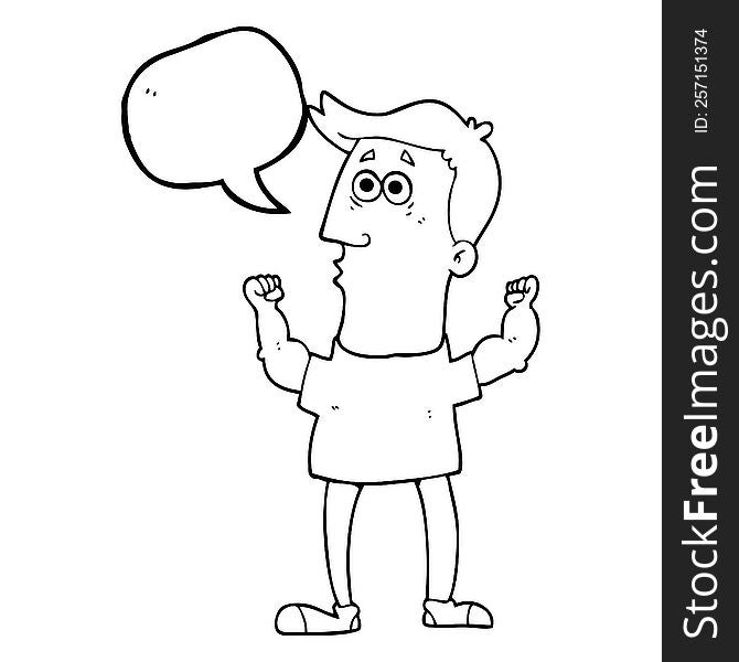 freehand drawn speech bubble cartoon surprised man flexing biceps