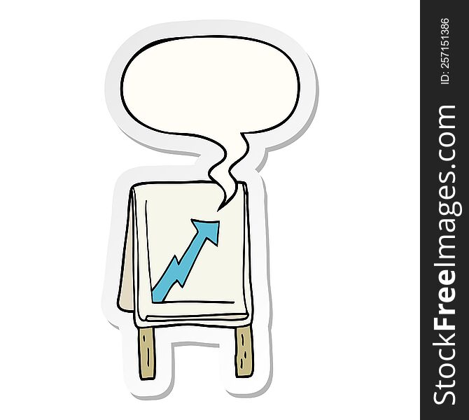 cartoon business chart with arrow with speech bubble sticker. cartoon business chart with arrow with speech bubble sticker